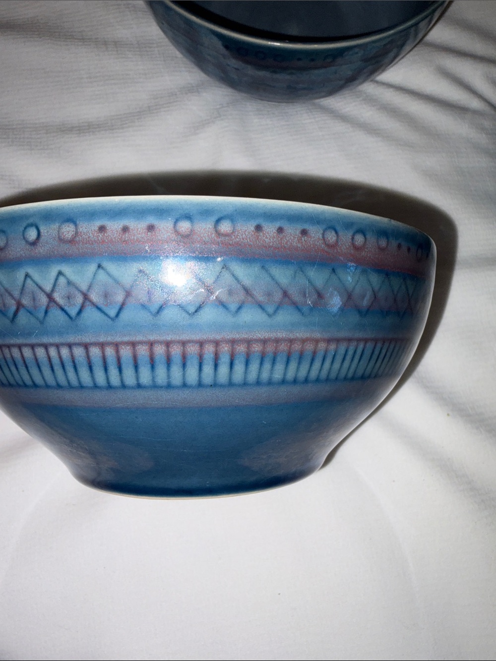 Set of 3 Threshold Kingsland Blue Stoneware Bowls Retired Pattern Geometric VGUC
